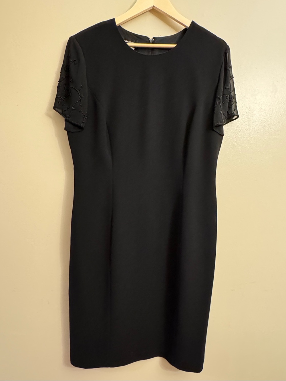 Classic Vintage Donna Morgan Black Midi Shift Dress with Beaded Sleeves